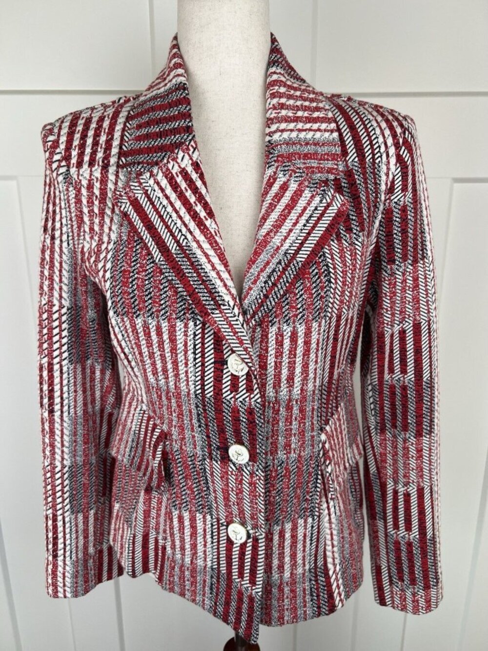 Cabi Red Patchwork Blazer S #6028 Structured Jacket Textured Knit Statement